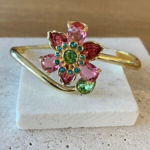 Swarovski Floral Crystal Bracelet Pink Green Gold Tone Statement Flower